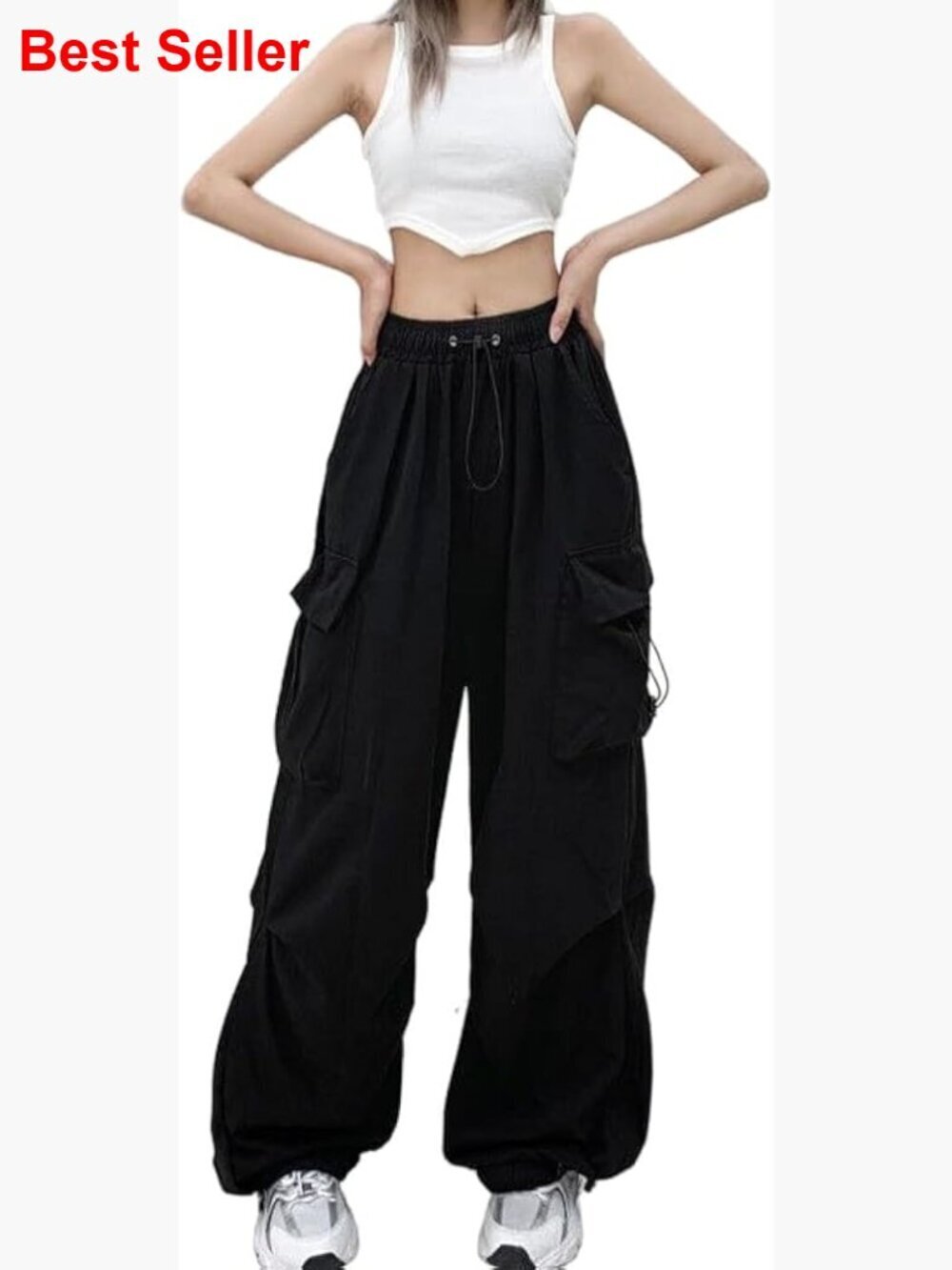 Parachute Fabric Cargo Pants with Drawstring Waist and Multiple Pockets
